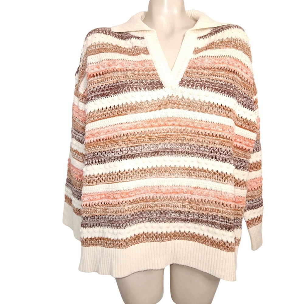 Knowledge Cotton Apparel Striped Knit Sweater‎ Brown Coral Boho Pullover S beach